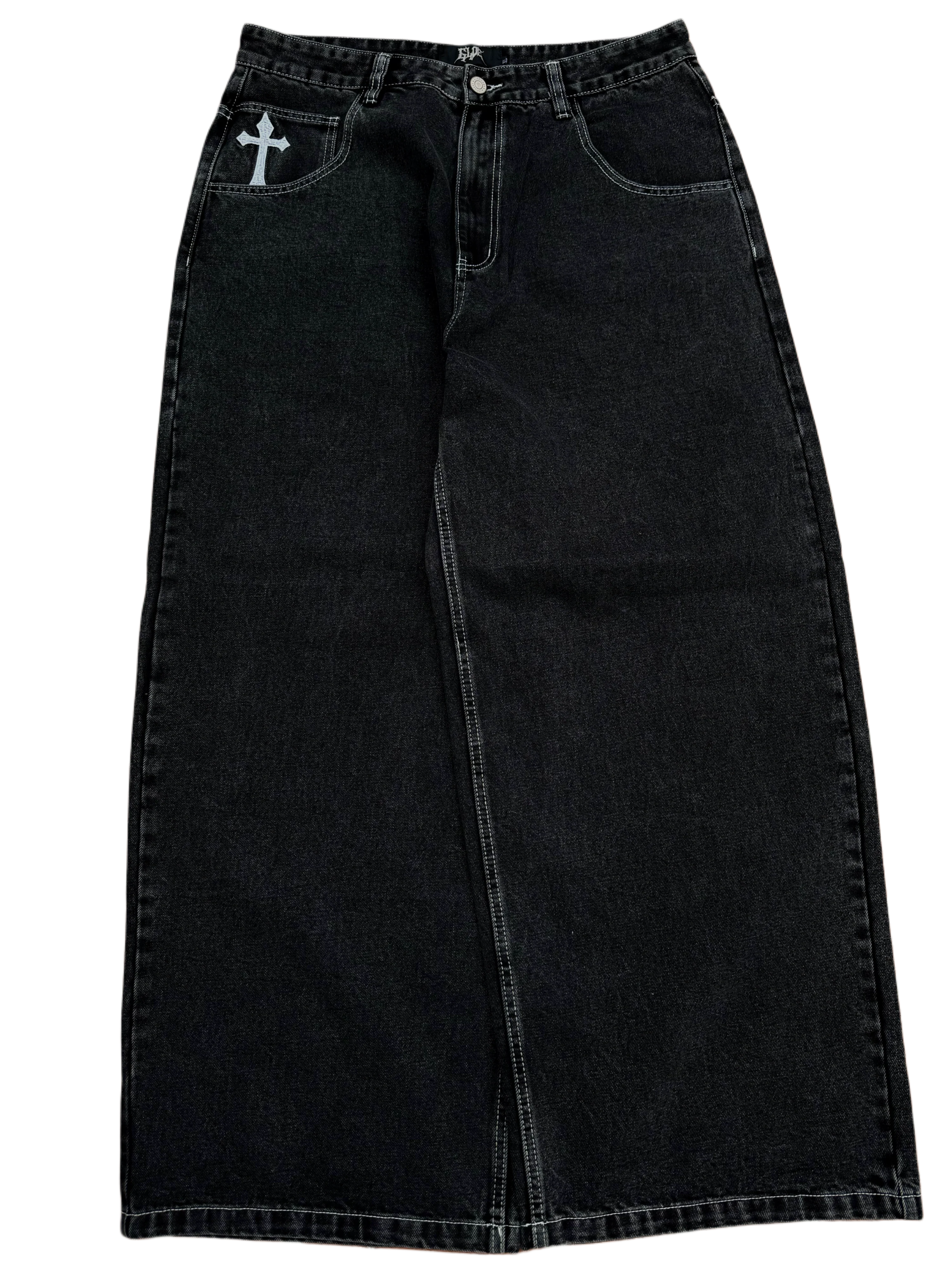 Black Wide Leg GLOE Skull Cross Jeans - Image 3